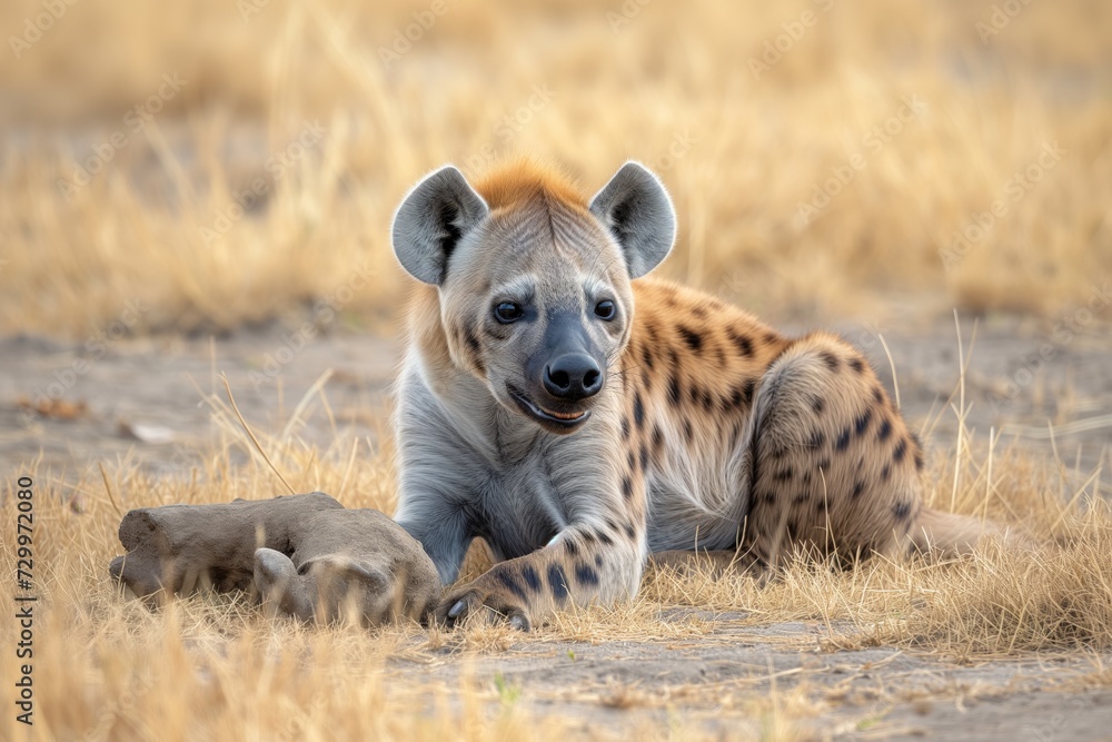 hyena with bone, dry grass and termite mounds hyena with bone, dry grass and termite mounds