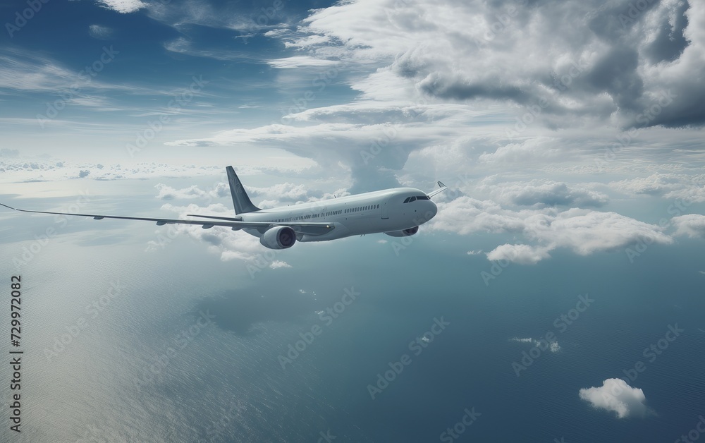 a bright plane flies in the clouds over the ocean a bright plane flies in the clouds over the ocean