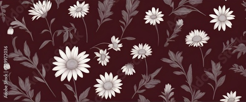 A simple background of a schematically drawn romantic flower collection with daisies, leaves, flower bouquets, flower arrangements, drawn in pencil on a dark red background photo