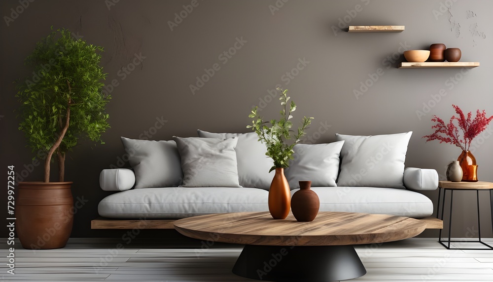 Contemporary Elegance: Grey Sofa and Circular Coffee Table in a Minimalist Living Room Contemporary Elegance: Grey Sofa and Circular Coffee Table in a Minimalist Living Room