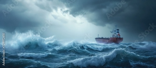 Stormy sea with cargo ship.