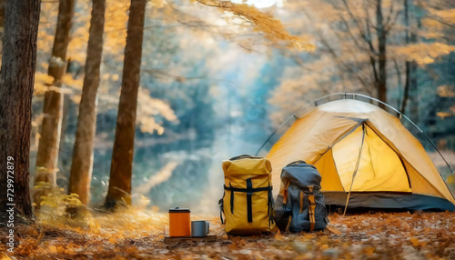 秋の湖畔でキャンプ／アウトドアのイメージ