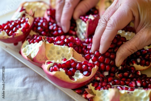 closeup of a persons hands removing pomegranate arils photo