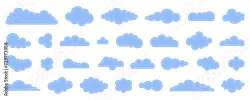 Set of cartoon cloud in a flat design. Blue cloud and dotted line version collection. Vector illustration isolated on white background