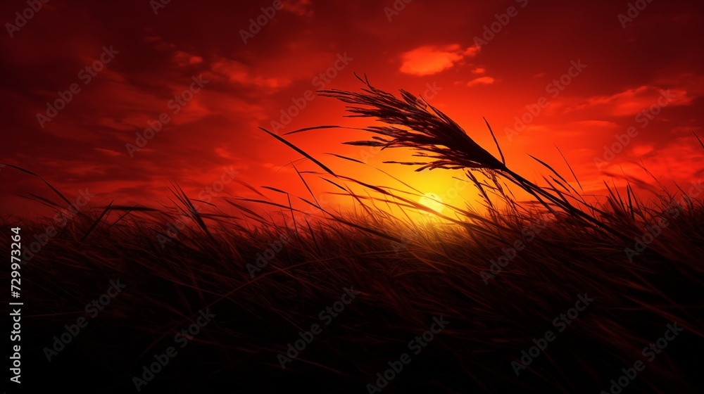 Single blade of grass silhouetted against a fiery sunset, dark lines against vibrant sky