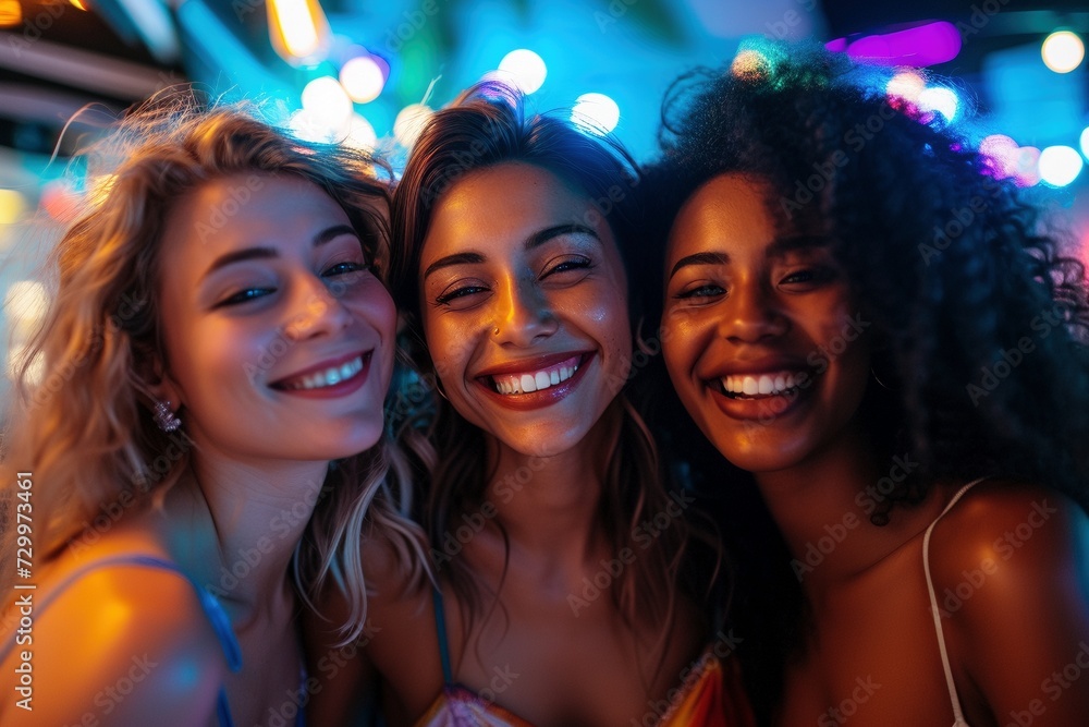 Three multiethnic female friends enjoy a lively night out, radiating joy and camaraderie as they create unforgettable memories together