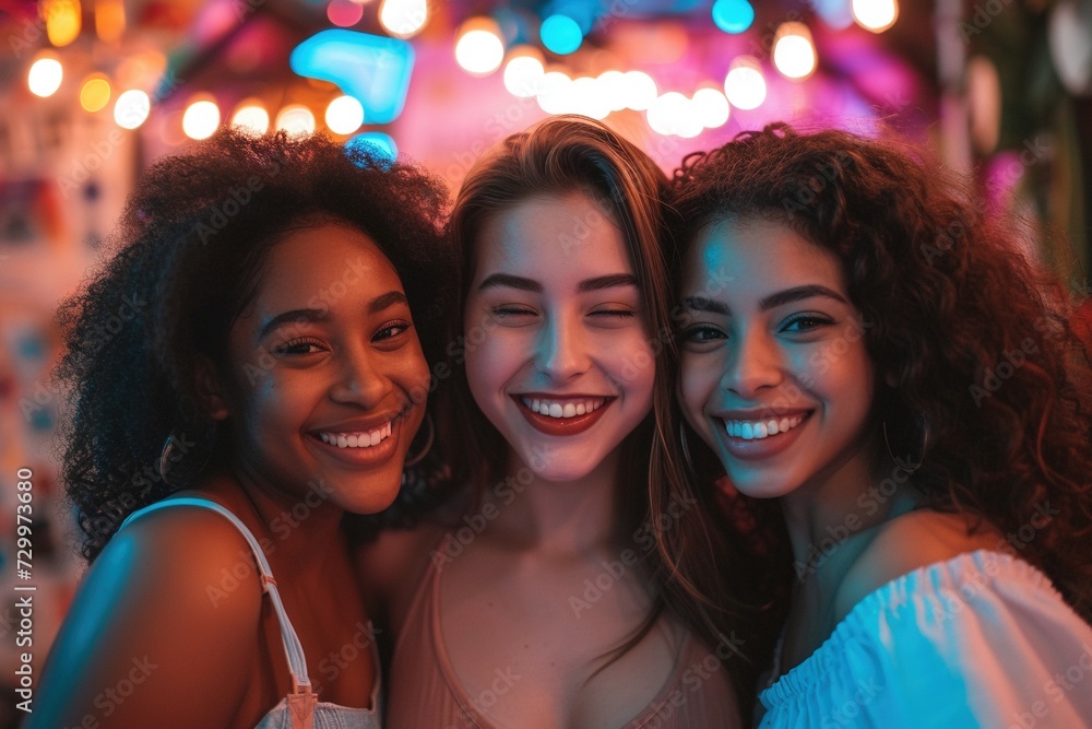 Vibrant scene depicts three diverse female friends having a blast on a night out, celebrating friendship and cultural unity with laughter and happiness Vibrant scene depicts three diverse female friends having a blast on a night out, celebrating friendship and cultural unity with laughter and happiness