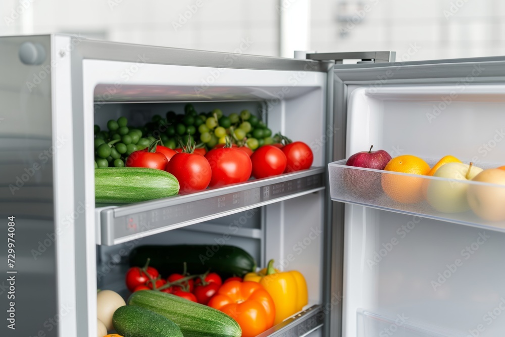 open industrial refrigerator full of fresh produce open industrial refrigerator full of fresh produce