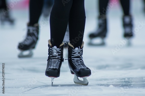 closeup on skaters feet during an ice spin