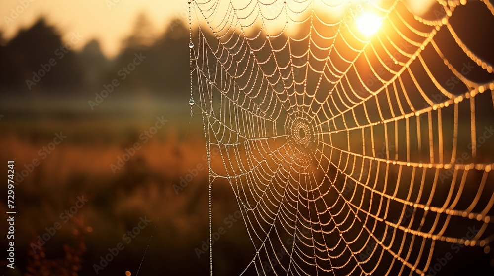 Spiderweb adorned with morning dew, glistening threads radiating from a central point