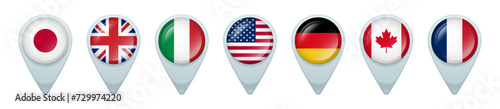 Location pins with flags of G7 members. Vector and PNG on transparent background.