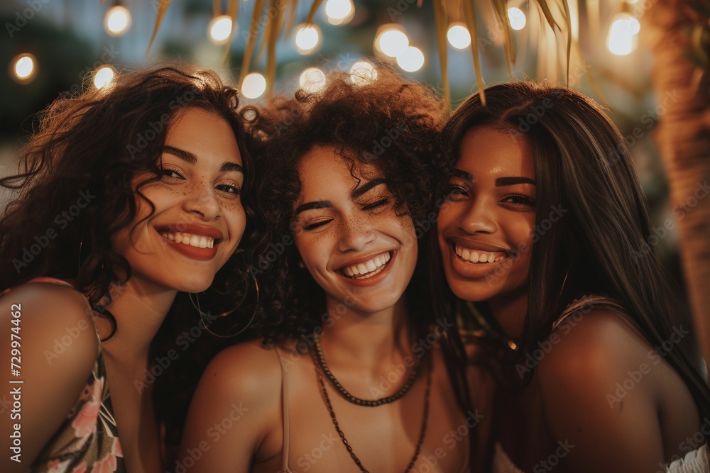 Eclectic trio of diverse female friends savoring a memorable night out, forging bonds of laughter and unity amidst cultural diversity