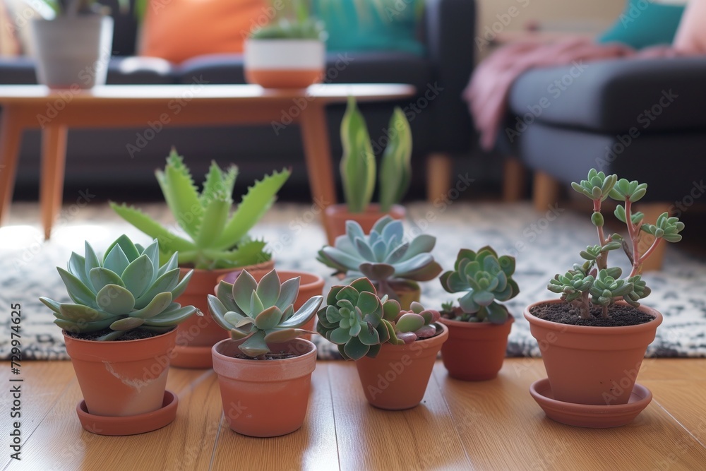 diy crafting with potted succulents on a living room floor