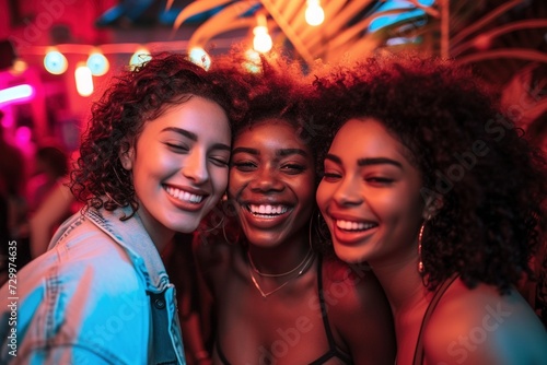 Joyful night out with three multiethnic female friends, capturing the essence of friendship and diversity in a vibrant urban setting