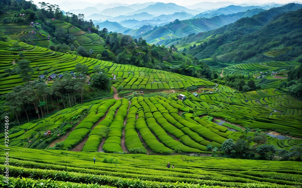 Green Serenity Exploring the Tranquil Beauty of Tea Plantations and Rural Agriculture Landscapes ai generated Green Serenity Exploring the Tranquil Beauty of Tea Plantations and Rural Agriculture Landscapes ai generated