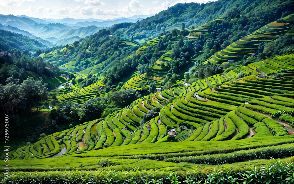 Green Serenity Exploring the Tranquil Beauty of Tea Plantations and Rural Agriculture Landscapes ai generated Green Serenity Exploring the Tranquil Beauty of Tea Plantations and Rural Agriculture Landscapes ai generated