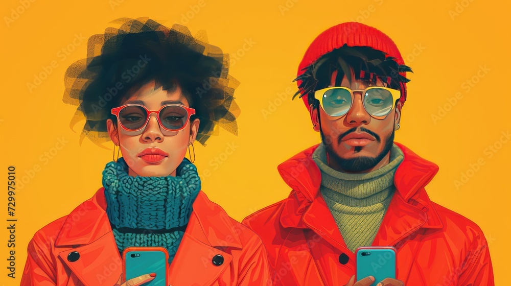 Colorful illustration of a couple of young people, students using phones Colorful illustration of a couple of young people, students using phones