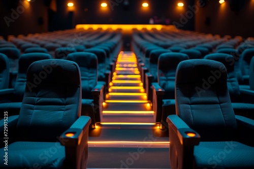 rows of empty seats with led aisle lighting before movie starts