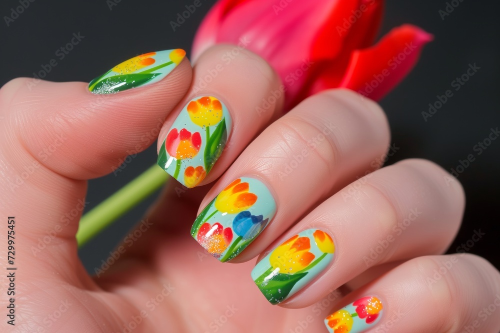 vibrant tulip designs on nails with real tulips in hand vibrant tulip designs on nails with real tulips in hand