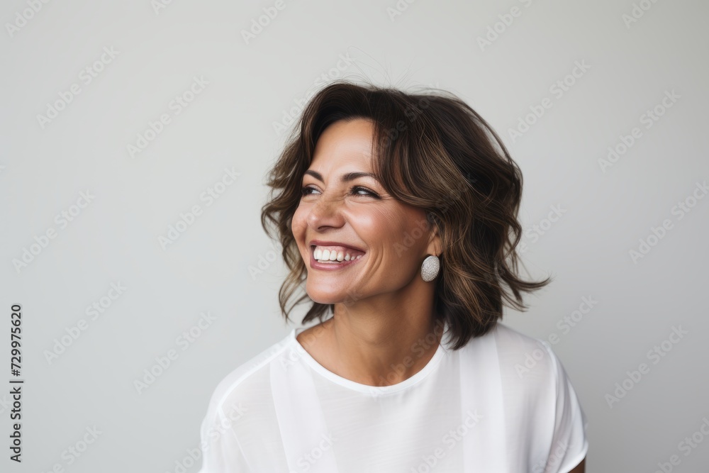 Portrait of a beautiful smiling woman looking at camera over gray background Portrait of a beautiful smiling woman looking at camera over gray background