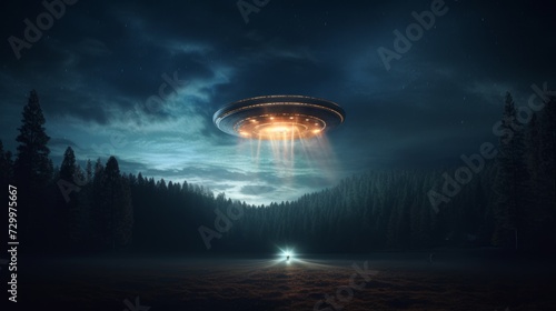 UFO, an alien plate hovering over the field, hovering motionless in the air. Neural network AI generated art