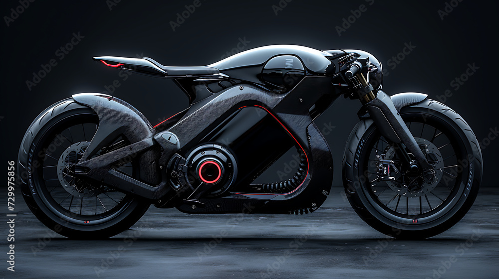 a futuristic cropped back end of a minimal bicycle is shown sitting against a dark background