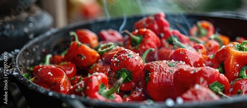 Traditional preparation of Balkan food involves roasting red peppers and making Ajvar spread.