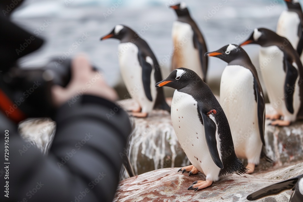 Fototapeta premium person with a camera photographing penguins on rocks
