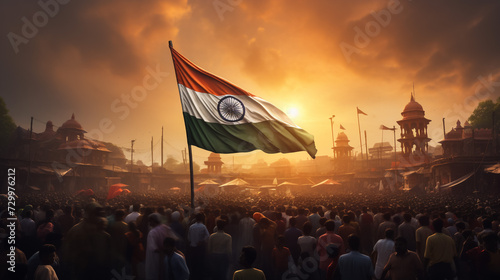 Hoisted Indian national flag as a airplane flying over it.