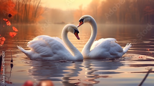 spring nature pair of swan on the water of lake spread love