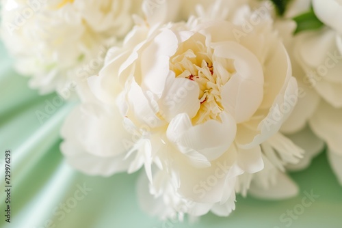 closeup of a white peony centerpiece on a pastel green tablecloth
