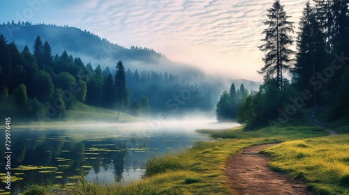 Misty Morning Scene of Lake Foggy Summer