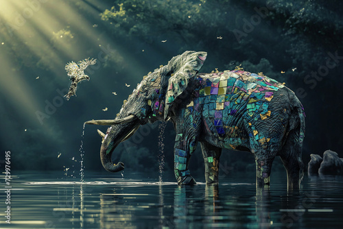 Elephant in the water and flying birds  Generative AI