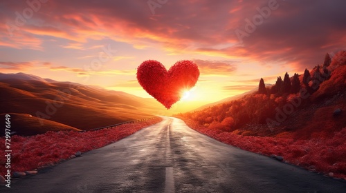 Red heart shaped sky at sunset Beautiful landscape with road and clouds. Road to the heart.