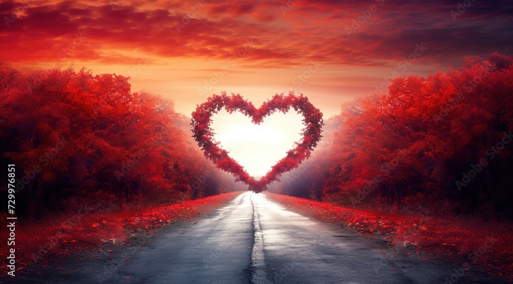 Fototapeta premium Red heart shaped sky at sunset Beautiful landscape with road and clouds. Road to the heart.