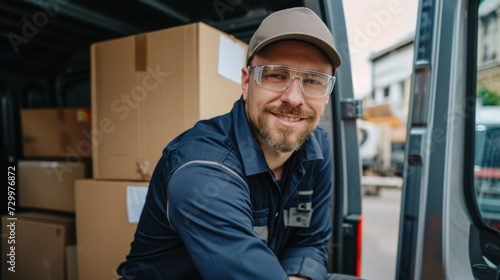 smiling delivery man in a blue uniform and safety goggles is handling boxes near a delivery van