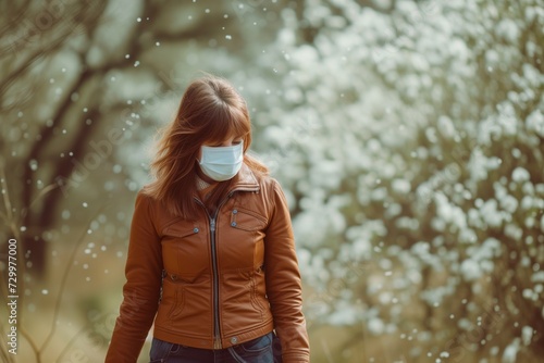 woman with a protective mask walking through a pollenfilled forest photo