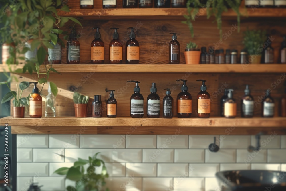 Fototapeta premium Different cosmetics bottles in barbershop