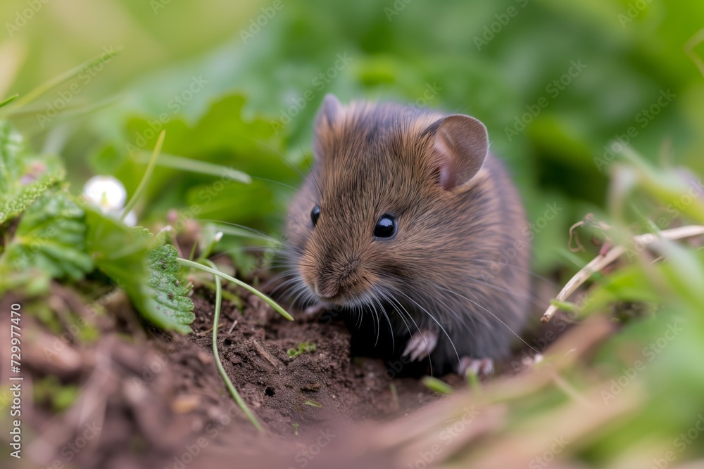 beadyeyed vole peering from an earthen hole in a meadow beadyeyed vole peering from an earthen hole in a meadow