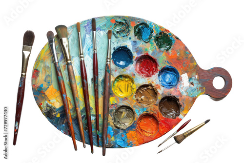 Colorful Painted Artists Palette with Brushes Isolated on Transparent Background