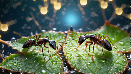 Close-up of ants or ant on a leaf in the wonderful green nature in sunlight on a meadow - ai generated © Christoph Burgstedt