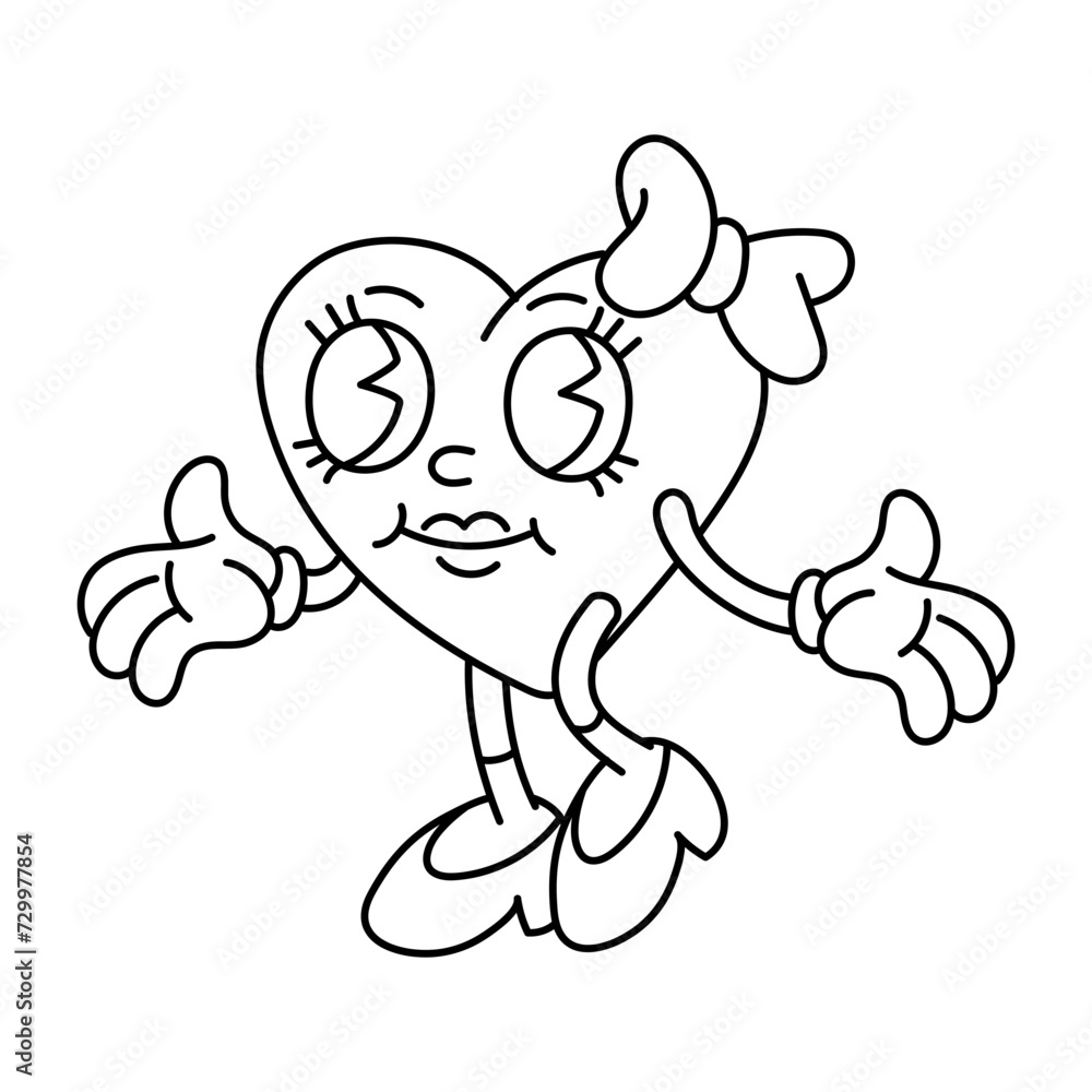 Obraz premium Heart is a contoured female character in the shape of a heart with a bow. A heartfelt character in retro cartoon style. Valentine's Day Coloring book. Flat vector illustrations on a white doodle