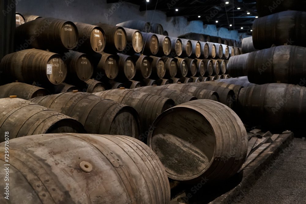 Wine cellar, row of wooden barrels close up