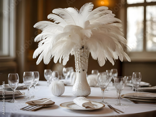 White ostrich feather in vase on a white banquet table.