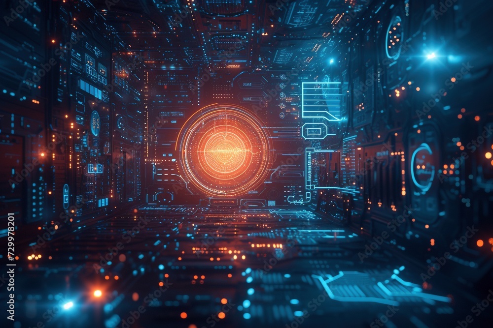 Embark on Futuristic Innovation: Technology Background Wallpaper with Neon Blue and Red/Orange Light Theme and Inspired Elements