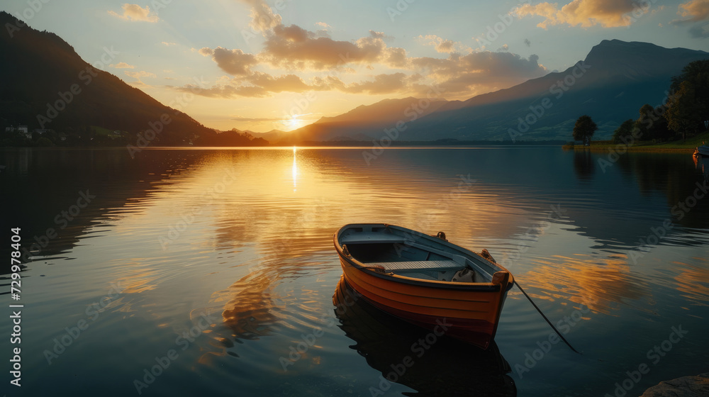 Boat on a peaceful lake with a horizon of mountains in the distance at sunset