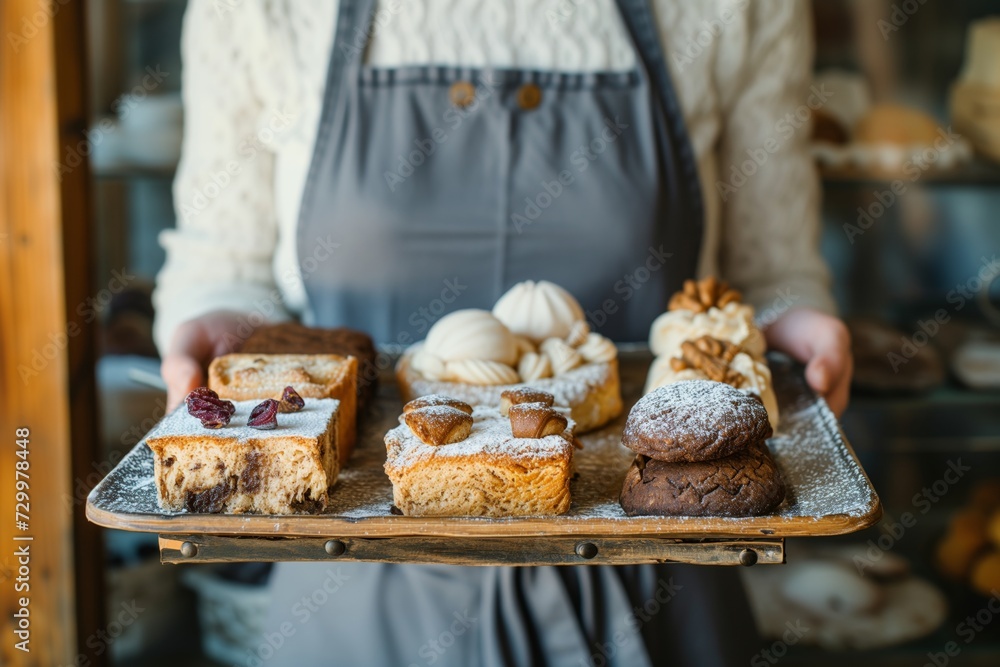 woman holding a tray of fresh baked goods