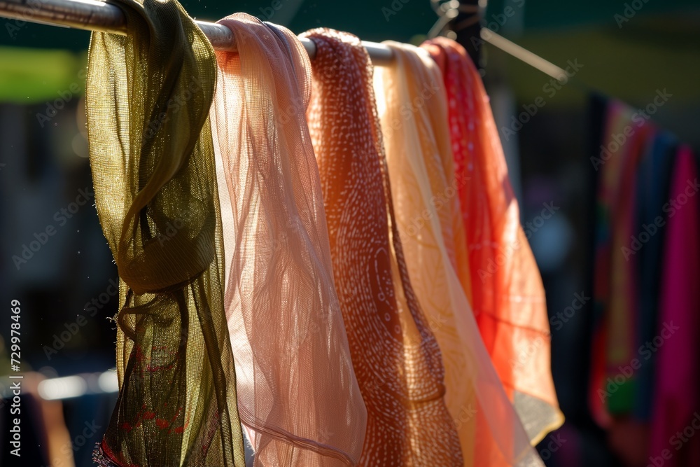sheer scarves catching sunlight on an outdoor rack at a spring fair
