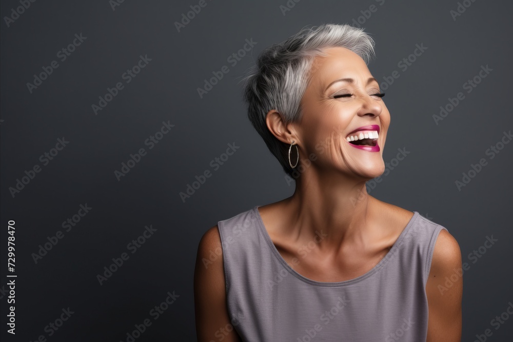 Portrait of a happy senior woman laughing and looking up against grey background Portrait of a happy senior woman laughing and looking up against grey background