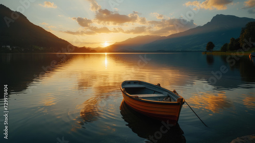 Boat on a peaceful lake with a horizon of mountains in the distance at sunset © boxstock production
